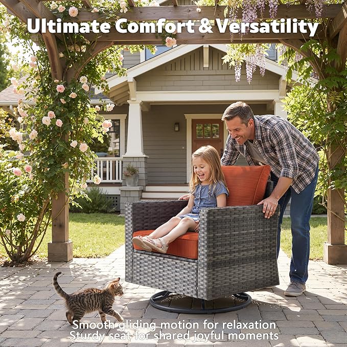 CAODOC 7-Piece Outdoor Wicker Patio Set with 7 Seats, Including 43" Fire Pit - Swivel Rocker Chairs and Conversation Set for Backyard or Lawn, Gray Rattan with Waterproof Red Cushions