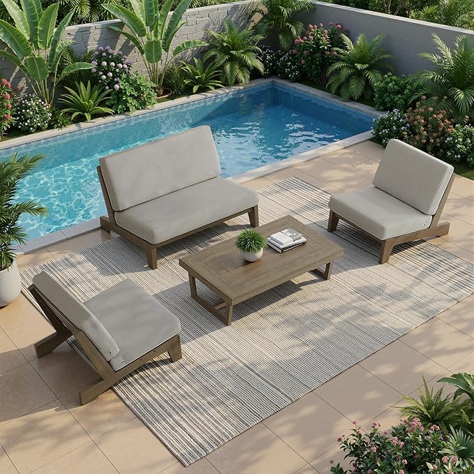 UIXE 7 Pieces Wood Patio Furniture Sets, 2 Patio Loveseat, 4 Patio Bistro Chair, All Weather Outdoor Sectional Sofa Furniture Backyard Conversation Set with Coffee Table - Light Camel