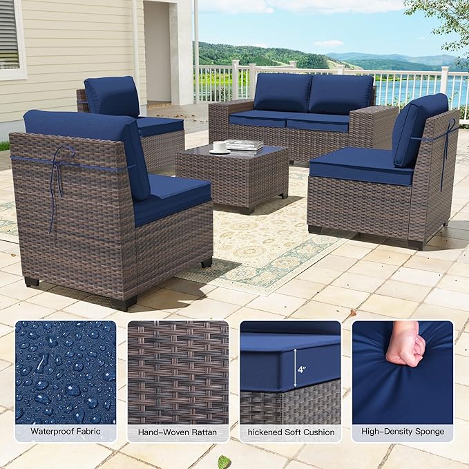 6 Pieces Patio Furniture Sets with Glass Tea Table,PE Rattan Wicker Patio Conversation Set with Washable Cushions,Outdoor Patio Sectional Furniture Set for Backyard, Poolside, Garden,Navy