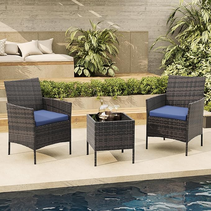Garvee Patio Conversation Set 3 Piece, Brown Wicker Rattan Outdoor Furniture Set with Cushioned Chairs and Glass Top Coffee Table for Small Patio, Porch, Balcony, Backyard
