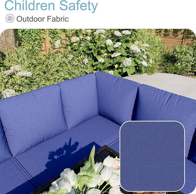 7 Pieces Outdoor Dining Set, Wicker Conversation Patio Furniture with Glass Table, L-Shaped PE Rattan Sectional Sofa Seating with Ottomans for Outside, Backyard, Balcony, Garden, Blue Cushions