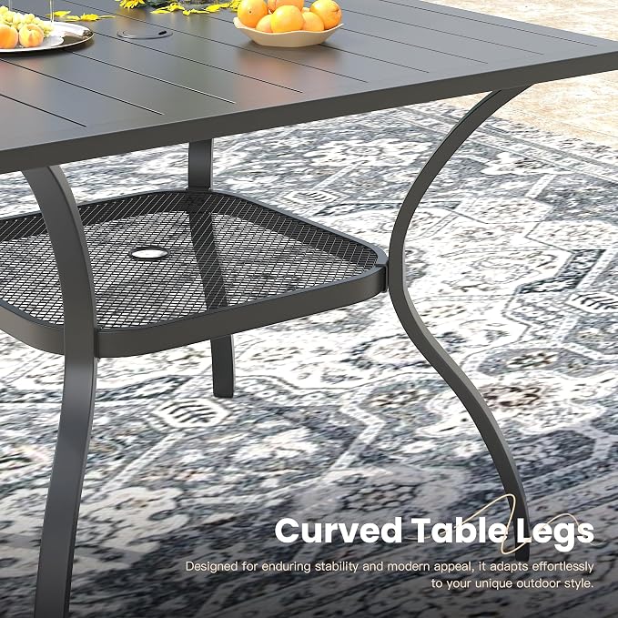 VICLLAX Outdoor Patio Dining Table for 4, Square Metal Table with Umbrella Hole and Storage Shelf for Garden, Lawn, Balcony, Deck, Black