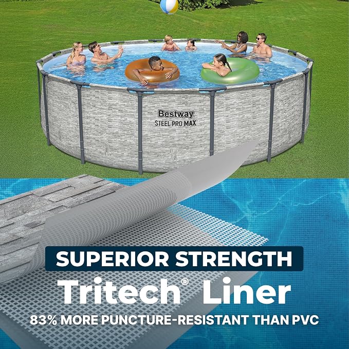 Bestway Steel Pro MAX Above Ground Swimming Pool Set (16' x 48") | Round Outdoor Backyard Family Pool Features Realistic Stone Pool Liner | Includes 1500gal Filter Pump, 48" Ladder and 16' Pool Cover