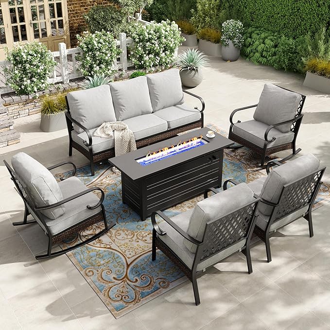 HERA'S HOUSE 6 Piece Metal Patio Furniture Set with 56" Fire Pit Table, All Weather Outdoor Conversation Set 7 Seats, 3 Seat Sofa, 2 Rocking Chairs, 2 Fixed Chairs for Backyard Garden Deck, Light Grey