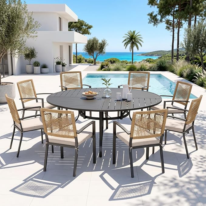 PHI VILLA Outdoor Dining Set for 4, 67" Round Table, Wicker Chairs | Outdoor Dining Set for 8, Round Patio Dining Table Set with Patio Wicker Chairs for Garden, Porch, Backyard, Deck
