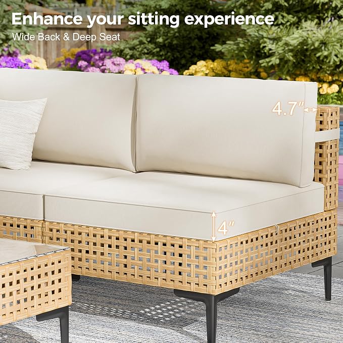 Restland 5 Piece Patio Furniture Wicker Modular Design Outdoor Sectional with Thick Cushion Large Patio Set Modern Boho Outdoor Conversation Set for Backyard, Porch
