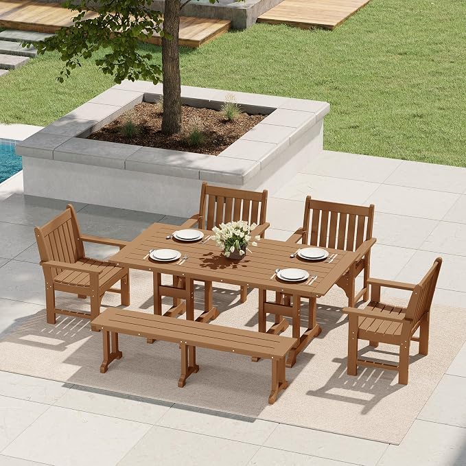 Costaelm Rectangle Outdoor Dining Tables, 71'' Patio Table with Umbrella Hole for 6 Person, Balcony Outdoor Buffet Table, Porch Tables for Outside Lawn Porch Bistro Furniture, Teak