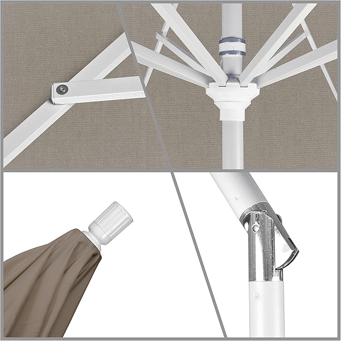 California Umbrella 9' Round Aluminum Patio Umbrella, Crank Lift, Collar Tilt, White Pole, Taupe
