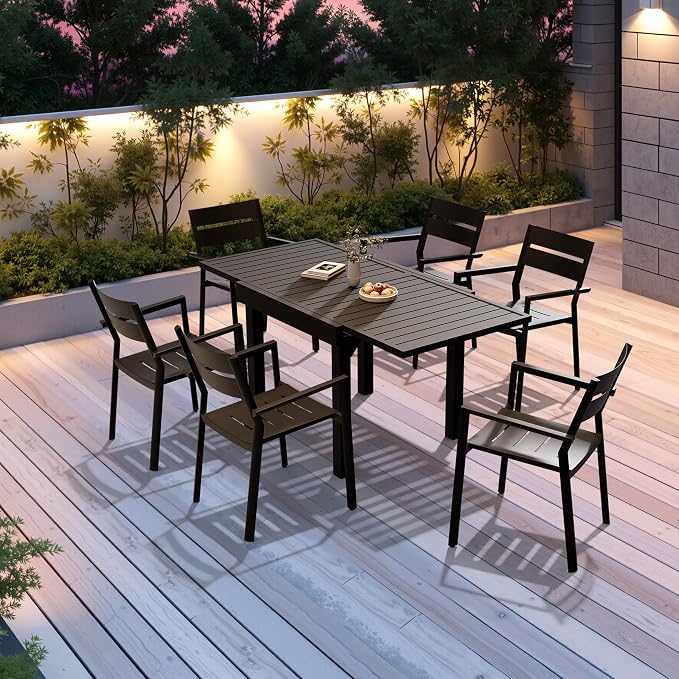 Pellebant 7-Piece Aluminum Outdoor Dining Set for 6, Stackable Contoured Seat Armrest Chairs with 17.3" Depth, Expandable Patio Table – Weather-Resistant Furniture for Deck, Porch & Backyard