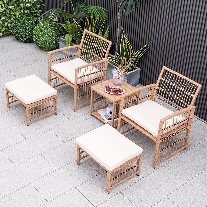 Tangkula 5 Piece Patio Wicker Sofa Set, Outdoor Rattan Conversation Set with Seat Cushions, 2-Tier Coffee Table & 2 Ottomans, Wicker Sofa Set for Backyard, Poolside (Natural)