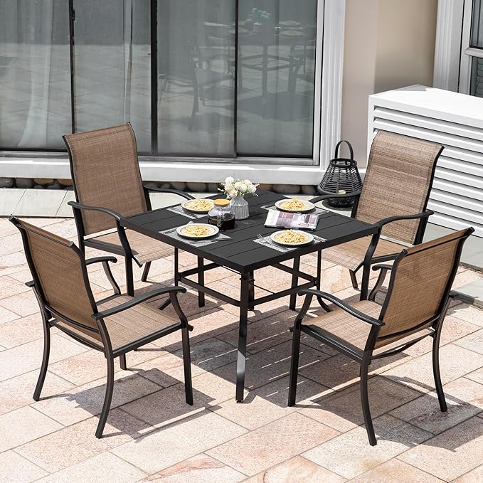 NUU GARDEN 5 Piece Outdoor Dining Set Patio Table and Chairs Set, 4 Textilene Dining Chairs and 1 Iron Patio Table with Umbrella Hole for Garden Patio Backyard, Black and Brown