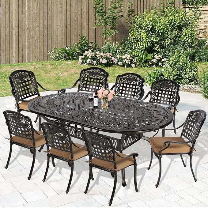 MEETWARM 9-Piece Patio Dining Set Outdoor Furniture with 8 Stackable Patio Chairs and Large Table, 8 Cushions, All Weather Cast Aluminum Patio Garden Set, 2" Umbrella Hole, Dark Bronze