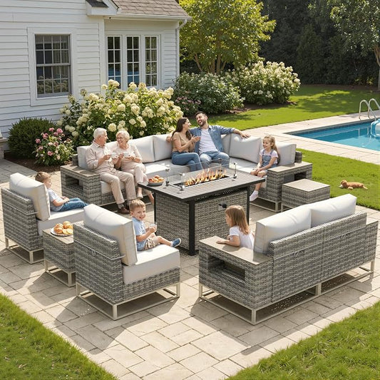 Outdoor Patio Furniture Set 13-Piece PE Rattan Wicker Outdoor Sectional Sofa with 5,000 BTU Fire Pit Table, Modern Modular L-Shaped Conversation Set with Thickened Cushions and Chunky Arms, White