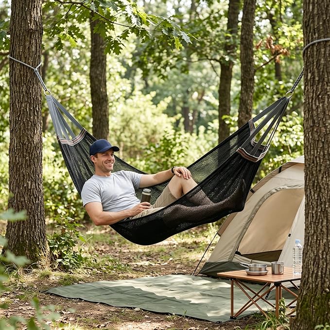 Outdoor Hammock Without Stand|Camping Hammock Lightweight Portable, Anti-roll Breathable Mesh Outdoor with Tree Straps & Carry Bag, Black (102.36x51.18in)