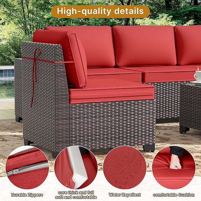 Gotland 7 Pieces Patio Furniture Set with 55000BTU Fire Pit Table, Wicker Patio Set with Wide Armrests 29.5'' High Backrest Thick Cushions 1 Coffee Table, Outdoor Furniture for Porch Deck Red