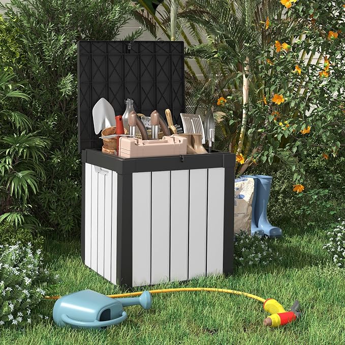 ROJIK 50 Gallon Resin Deck Box, Lockable Waterproof Weatherproof Outdoor Storage Container for Garden Tools, Cushions & Outdoor Accessories (Black&White)