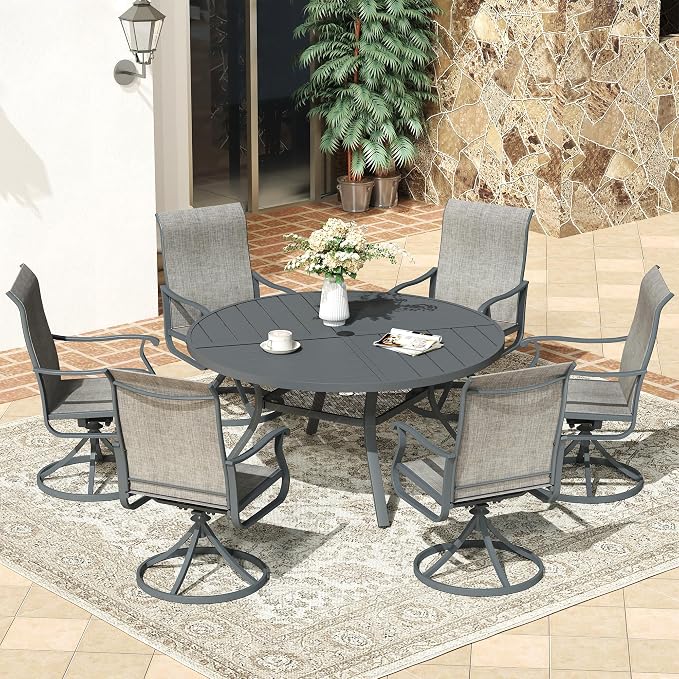 VICLLAX 47.2" Round Patio Dining Table for 4-6, All Weather Metal Outdoor Table with 1.57" Umbrella Hole and Storage Shelf for Garden Lawn Deck, Dark Grey
