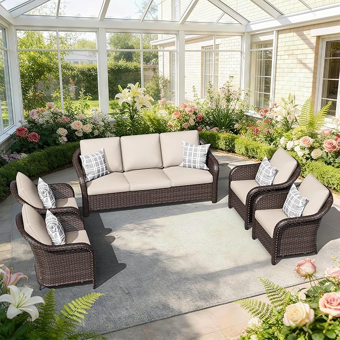 5 PCS Outdoor Conversation Set | 78" Couch, 4 Chairs, Patio Wicker Conversation Furniture with Removable Cushions for Bistro, Deck, Sunroom (Beige)