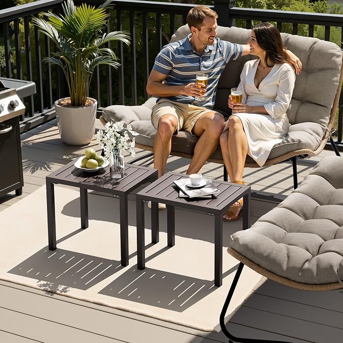 Crestlive Products Outdoor Side Table Set of 2, Aluminum Rectangular Side/End Table, Small Patio Coffee Bistro Table for Outdoor Indoor (Brown)
