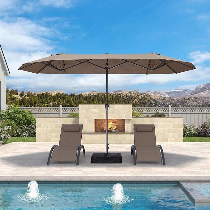 PURPLE LEAF 13ft Double-Sided Patio Umbrella with Base Included Market Rectangle Umbrella Outdoor Table Umbrella with Crank for Pool Garden Deck, Taupe