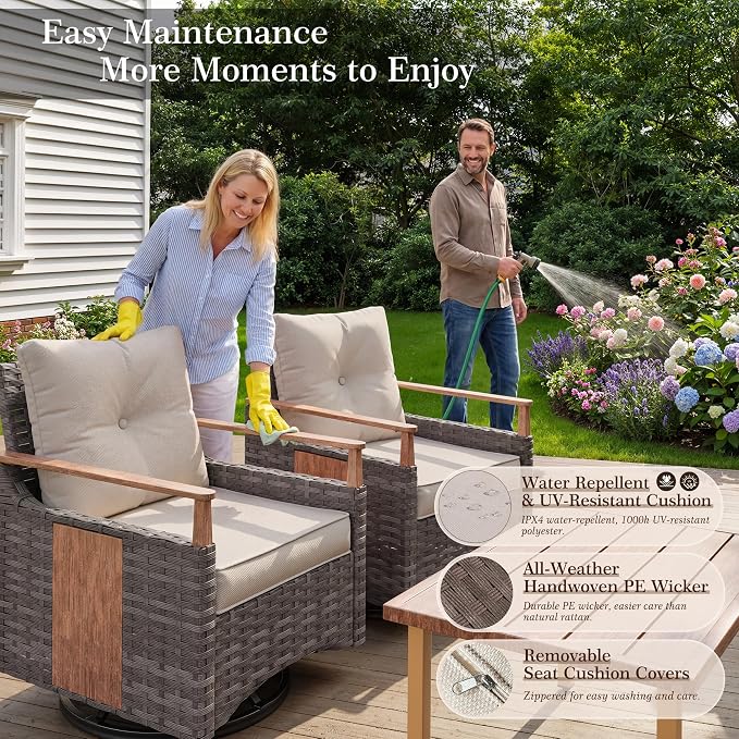 NestNook 4 Pieces Patio Furniture Set, Outdoor All-Weather Handwoven PE Wicker Swivel Chairs, Conversation Set with Coffee Table, Loveseat & Thick Cushion for Backyard, Deck & Poolside, Beige