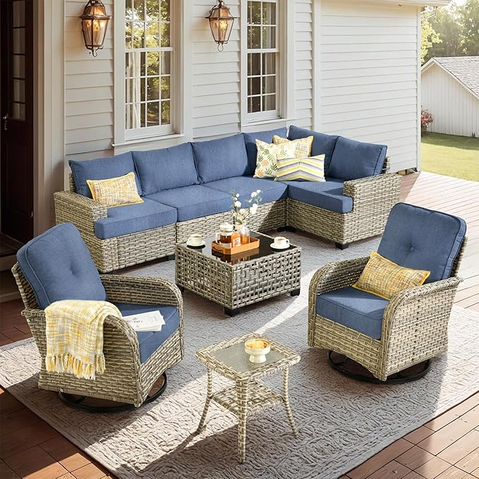 9 Piece Patio Furniture All Weather 7-Seater Outdoor Sectional Sofa with Patio Swivel Chairs and Solar Powered Coffee Table for Porch,Garden,Backyard,Deck(Light Blue)