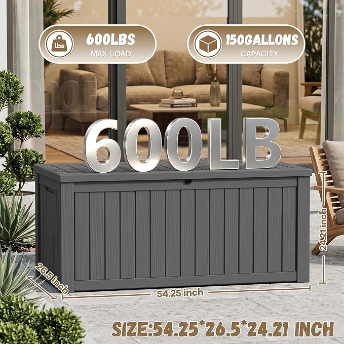 EasyUp 150 Gallon Deck Box Large Deck Box for Indoor and Outdoor,Waterproof Storage Boxs for Patio Furniture,Garden Tools,Cushions, Lockable and UV Resistant,Easy to Install(Black)