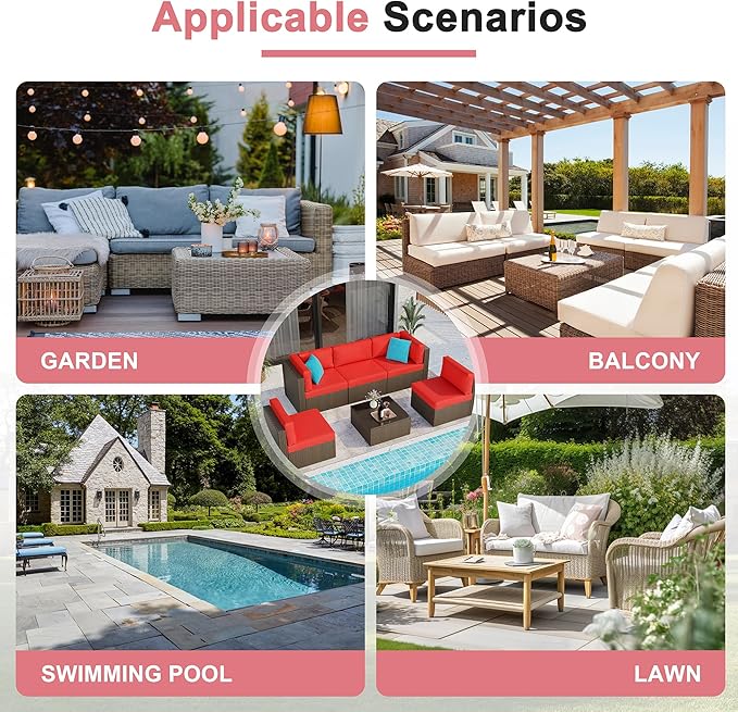 Shintenchi 6 Pieces Patio Furniture Sets Outdoor All-Weather Sectional Patio Sofa Set PE Rattan Manual Weaving Wicker Patio Conversation Set with Glass Table&Ottoman Cushion and Red Pillows, Red