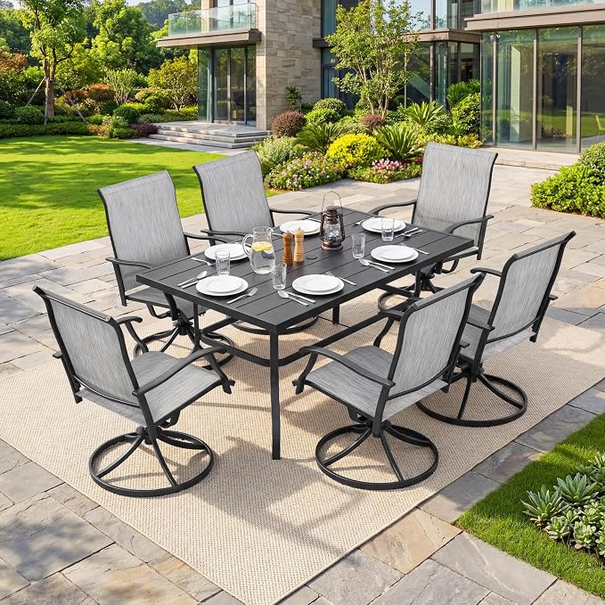 NUU GARDEN 7-Piece Patio Dining Set with Umbrella Hole, Rectangular Metal Outdoor Dining Table and Textilene Swivel Chairs, Patio Furniture Set for Garden Deck Backyard Balcony, Light Gray