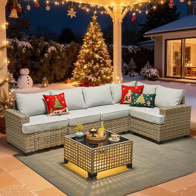 HOOOWOOO Sectional Patio Furniture Set with Solar Light Table,6 Pieces Wicker Outdoor Furniture L Shaped Couch,Outside Conversation Set with Extra Deep Seat Sofa Wide Arm,Light Gray