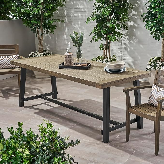 Merax 79" Rectangular Outdoor Dining Table Acacia Wood Tabletop and Black Metal Leg, Modern Industrial Style Patio Dining Table