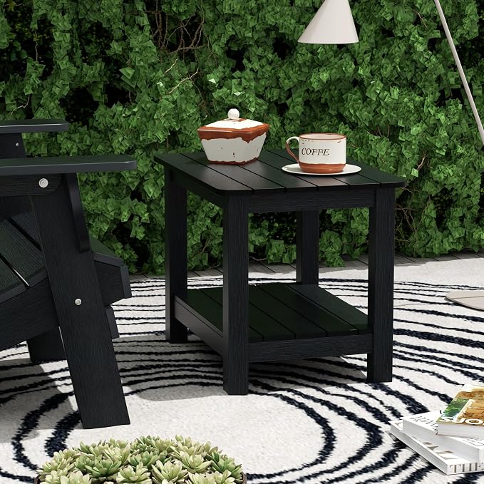 WestinTrends Tuscany Outdoor Side Table, All Weather HIPS 2 Tier Adirondack Small Patio Table with Storage, Black