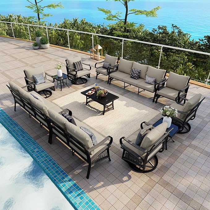 12 Pieces Patio Conversation Sets, All-Weather Metal Swivel Rocking Chairs with Rope Furniture Set, Outdoor Sofa Couch for Deck, Porch, Garden, Backyard, Poolside (Beige Cushions)