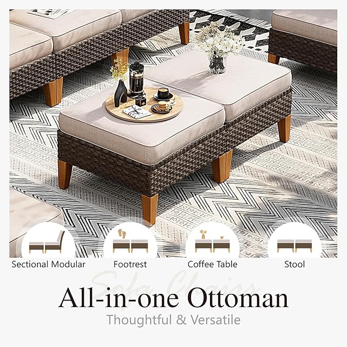 Sophia & William Half Moon Outdoor Sectional Furniture with High Back Swivel Rocker Chairs and Curved Sofa, 9PCS Wicker Patio Conversation Set for Deck Yard and Poolside, Beige
