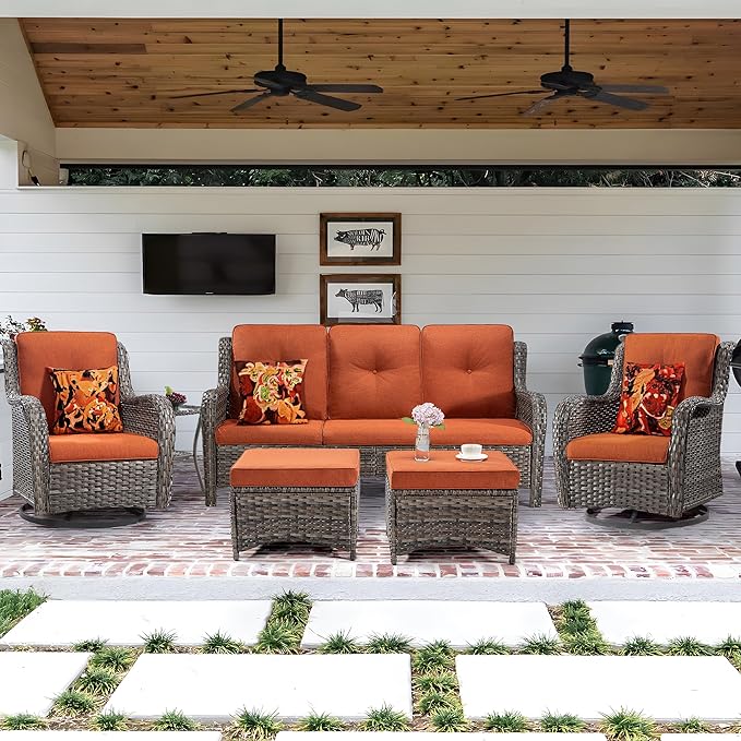 Wicker Patio Furniture Set 6 Piece Set with 1 Three-Seat Sofa, 2 Swivel Glider Chairs, 2 Ottomans and 1 Side Table, Outdoor Furniture Patio Conversation Sets(Mixed Grey/Orange)