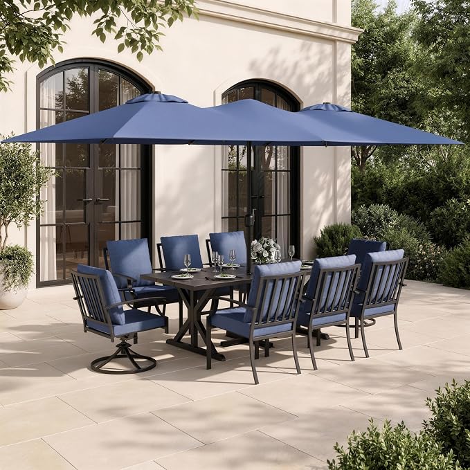 10 Piece Outdoor Dining Set for 8, Patio Table and Chairs Set with Umbrella & Cushions, Patio Furniture Set with 2 Swivel Chairs, Metal Dining Table with Umbrella Hole for Lawn Garden Yard-Navy