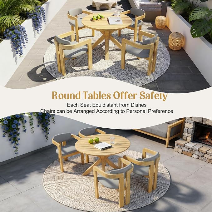 5-Piece Outdoor Acacia Wood Round Dining Set, All-Weather Round Dining Table and 4 Barrel Chairs & Removable Cushions, 5-Piece Patio Furniture for Backyard Deck Poolside (Gray Cush)