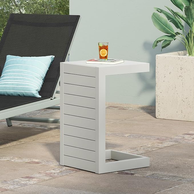 24" H Aluminium Patio Side Table, Small C-Shaped Outdoor Sofa Table,Coffee Table for Patio, Garden,Balcon,White