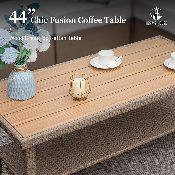 HERA'S HOUSE 4-Piece Patio Furniture Set, All Weather 5 Seats Outdoor Wicker Sofa with 44" Coffee Table, 5.5" Thick Waterproof Cushion Conversation Couch Set for Garden Deck Backyard, Beige
