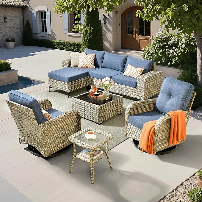 ovios 8-Piece Patio Furniture Set with L-Shape Sofa Chaise, Outdoor Sectional Couch Swivel Gliders, Modern Modular Wicker Rattan Conversation Set, Denim Blue
