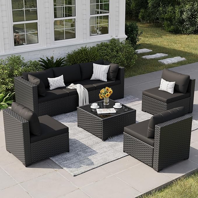 Patio Furniture Set, 7-Piece Outdoor Sectional All-Weather Wicker Patio Conversation Set for Backyard, Poolside, Garden, Black