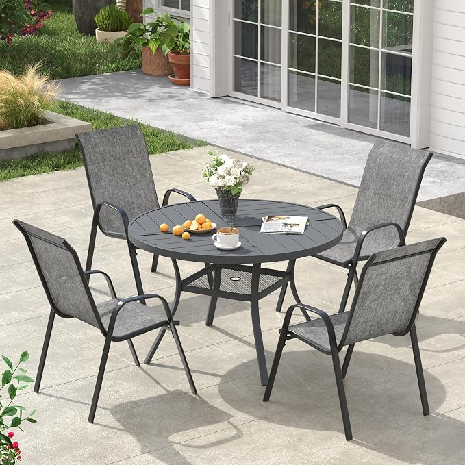 VICLLAX Round Outdoor Patio Dining Set for 4, Metal Slatted Patio Table with Umbrella Hole and 4 Stackable Patio Chairs for Deck Lawn Garden, Grey Fabric and Dark Grey Tabletop