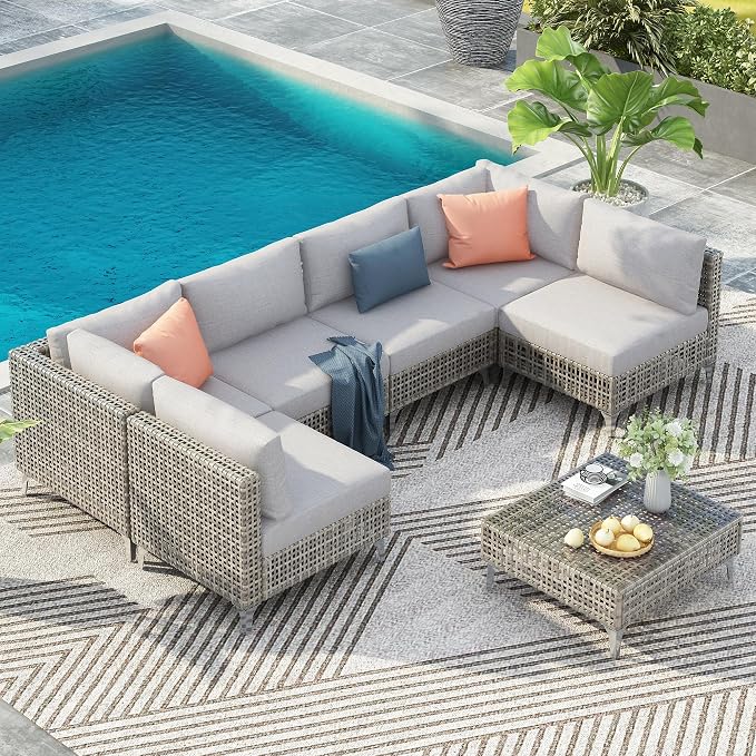 7-piece Wicker Patio Furniture Set, Outdoor Conversation Set Sectional Sofa with Water Resistant Grey Thick Cushions and Coffee Table for Outdoor Couch, Porch, Backyard - Grey