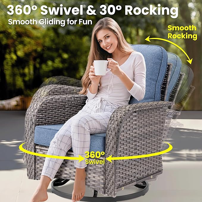 ovios 8 Pieces Patio Furniture Set, Outdoor Wicker Sofa Couch with Rocking Swivel Chairs Solar Lights Table, Modern Deep Seat Rattan Conversation Sets for Deck Porch, Denim Blue