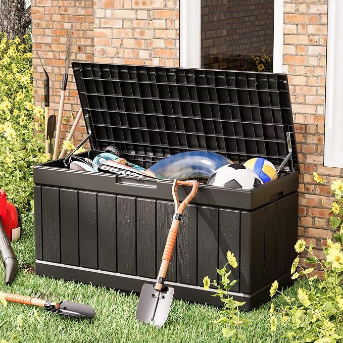 Greesum 82 Gallon Resin Deck Box, with Hydraulic Rod, Large Outdoor Storage for Patio Furniture, Garden Tools, Pool Supplies, Weatherproof, Lockable, Black
