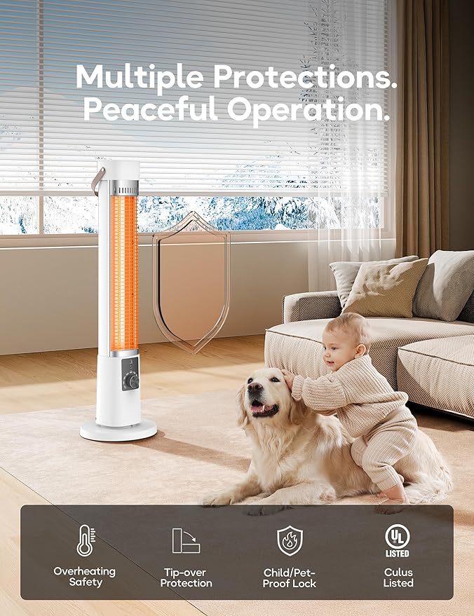 Patio Heater for Outdoor Use, Infrared Electric Outdoor Heater, 1500W Instant Heating, 60-Degree Oscillation, 9 Heat Levels, 9H Timer, Remote, for Garage, Backyard, Large Room, Indoor, 32.2", Pearl