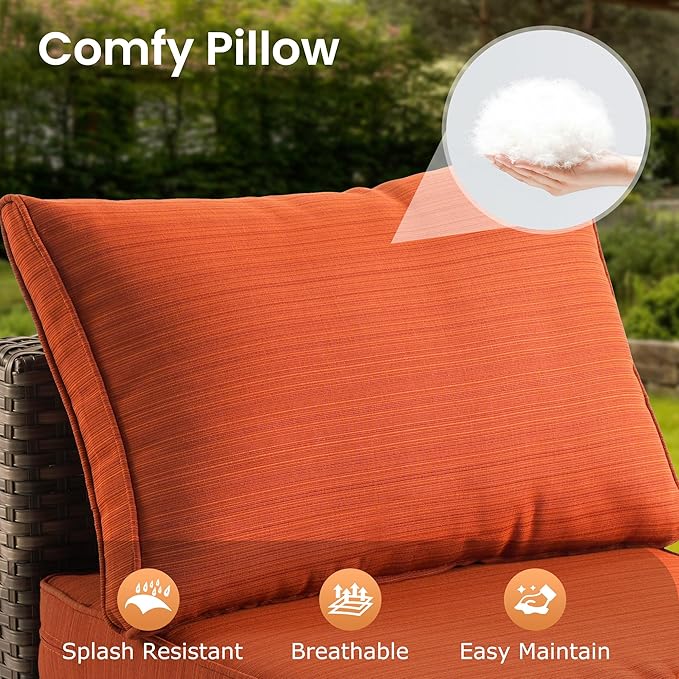 7 PCS Outdoor Patio Furniture Sets,Wicker Weather Resistant Patio Conversation Set with Comfy Cushions,Modular L Shaped Sofa with Coffee Table for Yard Backyard Porch Garden Poolside,Orange Red