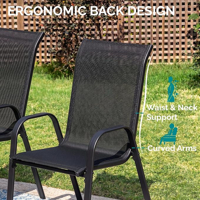 MAMIZO 7 Pieces Patio Dining Set for 6, Outdoor Table and Chairs w/Rectangle Glass Table and 6 Textilene Stackable Chairs, Patio Furniture Set w/1.69" Umbrella Hole (Black Table & Black Chair)