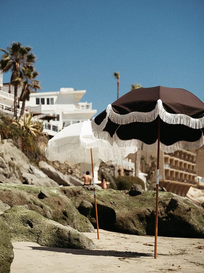 Business & Pleasure Co. Holiday Umbrella - Boho Beach Umbrella with White Fringe, UPF 50+, 1" Tilting Wood Pole, 5’ x 6.5’, Vintage Black