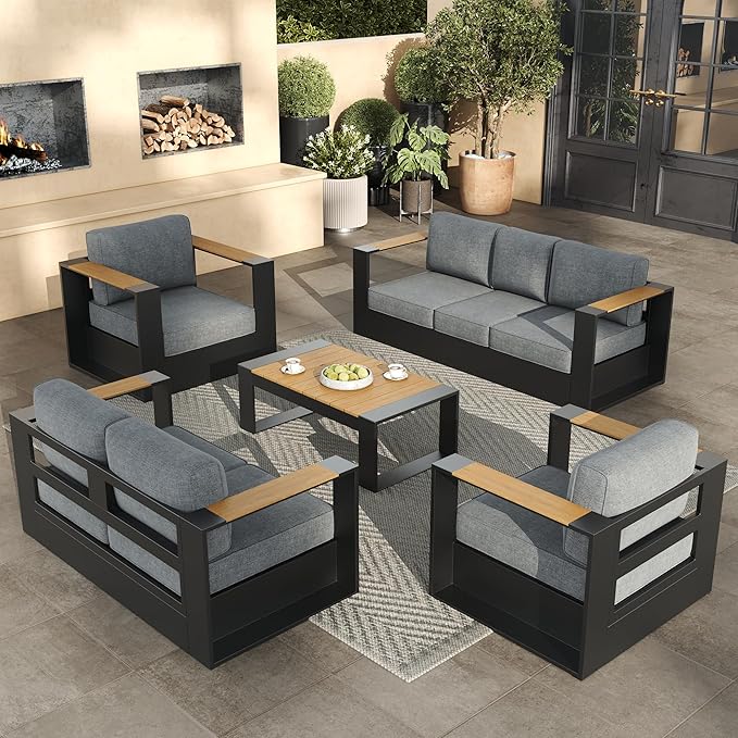 Aluminum Patio Furniture Set, 7 Seats Luxury Seating Furniture with Coffee Table, All Weather Outdoor Conversation Sets with 6" Thickened Cushions